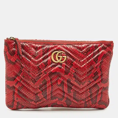 Pre-owned Gucci Red Matelasse Python Gg Marmont Zip Pouch