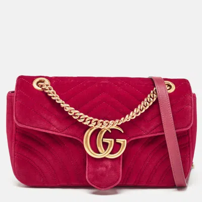 Pre-owned Gucci Red Matelassé Velvet Small Gg Marmont Shoulder Bag
