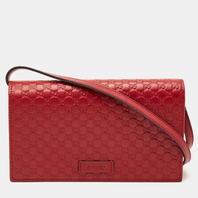 Pre-owned Gucci Red Microssima Leather Flap Wallet On Strap