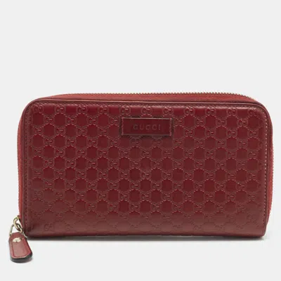 Pre-owned Gucci Red Microssima Leather Zip Around Wallet