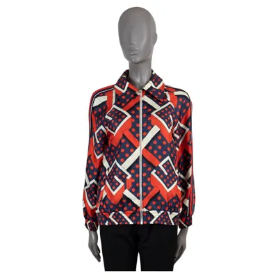 Pre-owned Gucci Red Navy White Silk 2021 G Dot Labyrinth Windbreaker Jacket Xs