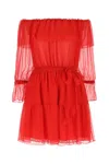 Gucci Off-shoulder Silk-chiffon Dress In Red