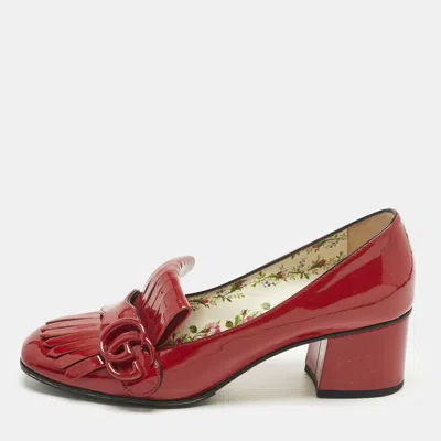 Pre-owned Gucci Red Patent Fringe Marmont Gg Loafer Pumps Size 37.5