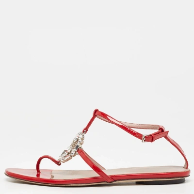 Pre-owned Gucci Red Patent Gg Interlocking Crystal Embellished Ankle Strap Size 36