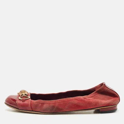 Pre-owned Gucci Red Patent Leather And Suede Horsebit Ballet Flats Size 39