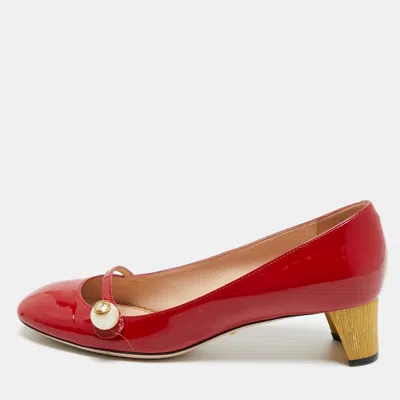 Pre-owned Gucci Red Patent Leather Interlocking G Pearl Pumps Size 38.5
