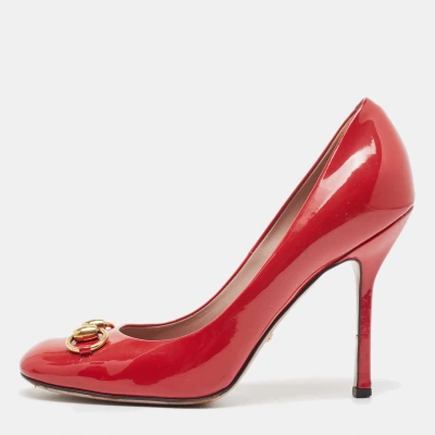 Pre-owned Gucci Red Patent Leather Jolene Horsebit Square Toe Pumps Size 37.5
