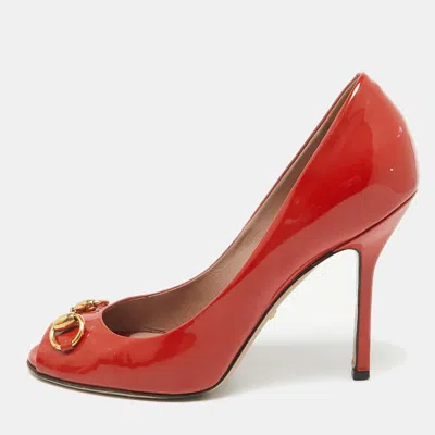 Pre-owned Gucci Red Patent Leather Jolene Peep Toe Pumps Size 39.5