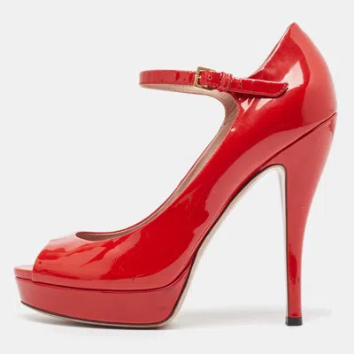 Pre-owned Gucci Red Patent Leather Peep Toe Platform Ankle Strap Pumps Size 39