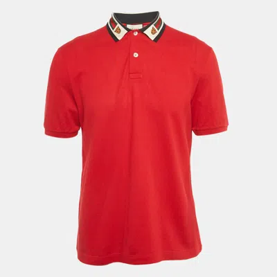 Pre-owned Gucci Red Pique Web Collar Polo T-shirt L