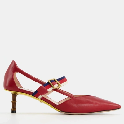 Pre-owned Gucci Red Pointed Sylvie Web Strap Bamboo Heel Sie Eu 39