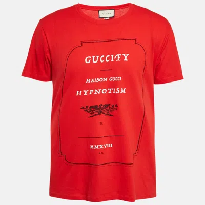 Pre-owned Gucci Red Printed Jersey Crew Neck T-shirt S