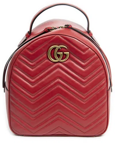 Pre-owned Gucci Red Quilted Chevron Calfskin Leather Gg Marmont Backpack (authentic Pre-  Loved)