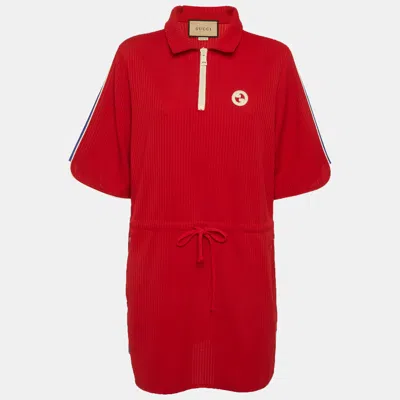 Pre-owned Gucci Red Rib Knit Gg Applique Drawstring Short Dress L