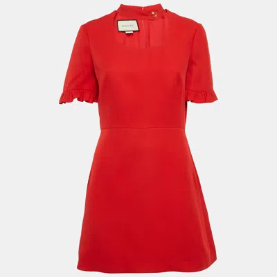 Pre-owned Gucci Red Silk And Wool Detachable Collar Ruffled Mini Dress M
