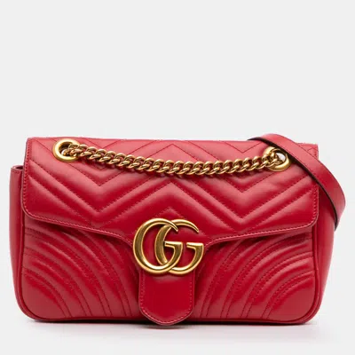 Pre-owned Gucci Red Small Gg Marmont Matelasse Leather Flap Crossbody