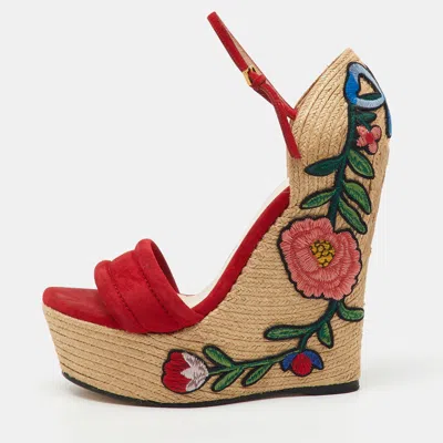 Pre-owned Gucci Red Suede Floral Embroidered Espadrille Platform Wedge Ankle Strap Sandals Size 37