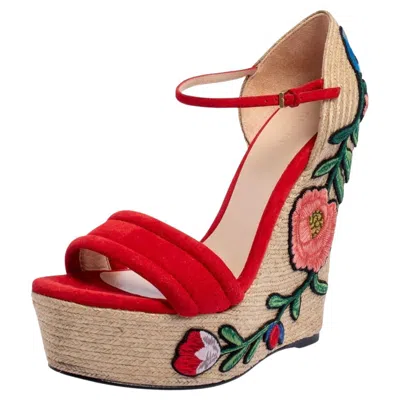 Pre-owned Gucci Red Suede Floral Embroidered Wedge Platfrom Ankle Strap Espadrilles