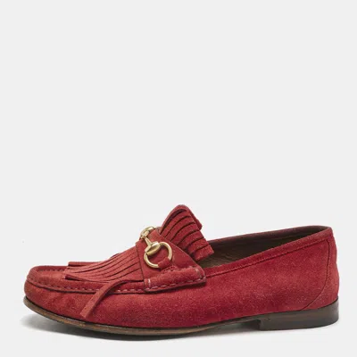 Pre-owned Gucci Red Suede Fringe Slip On Loafers Size 40