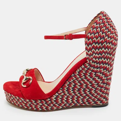 Pre-owned Gucci Red Suede Horse Bit Carolina Wedge Sandals Size 37