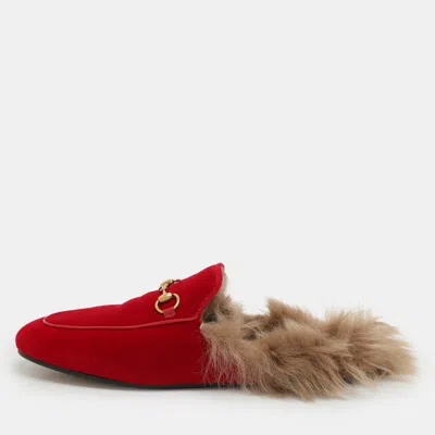 Pre-owned Gucci Red Velvet Princetown Horsebit Flat Mules Size 40