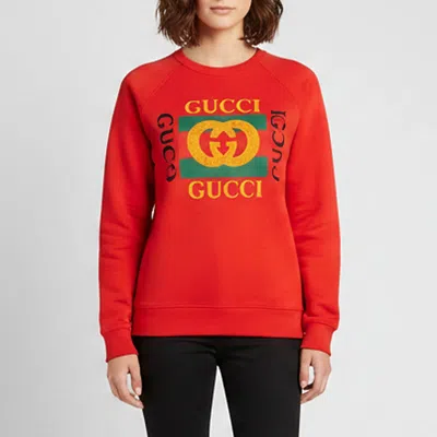 Pre-owned Gucci Red Vintage Logo Print Cotton Knit Distressed Sweatshirt M