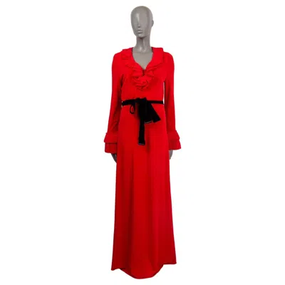 Pre-owned Gucci Red Viscose 2016 Ruffled Velvet Belted Jersey Gown Maxi Dress L
