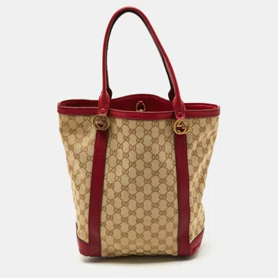 Pre-owned Gucci Red/beige Canvas And Leather Gg Twins Tote