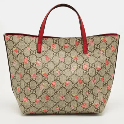 Pre-owned Gucci Red/beige Gg Supreme Canvas And Leather Girl's Ladybug Tote