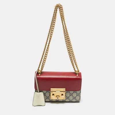 Pre-owned Gucci Red/beige Gg Supreme Canvas And Leather Small Padlock Shoulder Bag