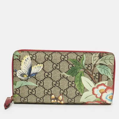 Pre-owned Gucci Red/beige Gg Supreme Canvas Tian Zip Around Wallet