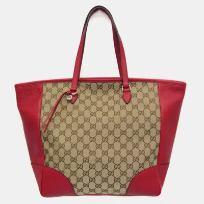 Pre-owned Gucci Red/beige Leather Gg Canvas Medium Bree Tote
