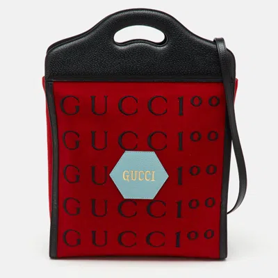 Pre-owned Gucci Red/black Felt And Leather Script Logo 100 Centennial Tote