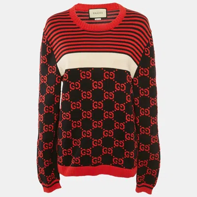 Pre-owned Gucci Red/black Gg Monogram Pattern Cotton Jumper L