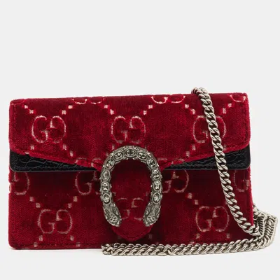 Pre-owned Gucci Red/black Gg Velvet And Patent Leather Super Mini Dionysus Crossbody Bag