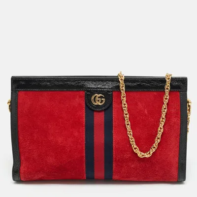 Pre-owned Gucci Red/black Suede And Patent Leather Medium Ophidia Chain Shoulder Bag