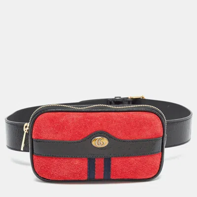 Pre-owned Gucci Red/black Suede And Patent Leather Ophidia Belt Bag