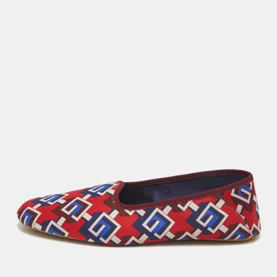 Pre-owned Gucci Red/blue Geometric G Print Satin Smoking Slippers Size 48
