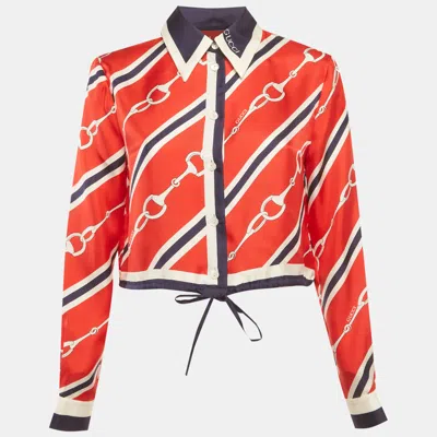 Pre-owned Gucci Red/blue Horsebit Print Silk Blouse S