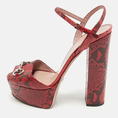Pre-owned Gucci Red/burgundy Python Leather Claudie Horsebit Platform Sandals Size 39
