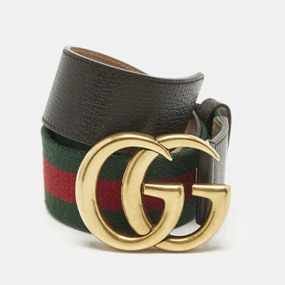 Pre-owned Gucci Red/green Web Canvas And Leather Gg Marmont Buckle Belt 70cm In Brown