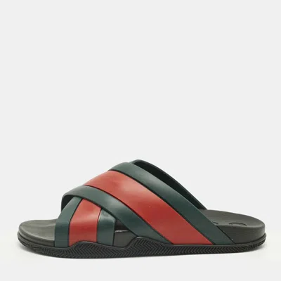 Pre-owned Gucci Red/green Web Rubber Slide Sandals Size 44