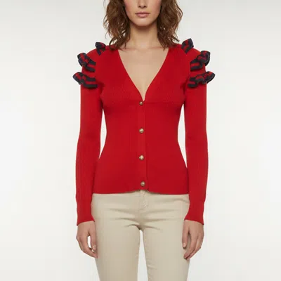 Pre-owned Gucci Red/navy Wool Blend Ruffle Detail Cardigan S