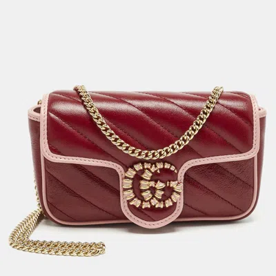 Pre-owned Gucci Red/pink Diagonal Quilted Leather Super Mini Torchon Gg Marmont Shoulder Bag