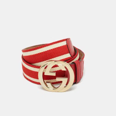 Pre-owned Gucci Red/white Web Canvas And Leather Interlocking G Buckle Belt 85cm