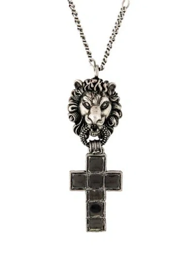 Pre-owned Gucci Resin Lion Head & Cross Pendant Necklace, 24" In Multicolor