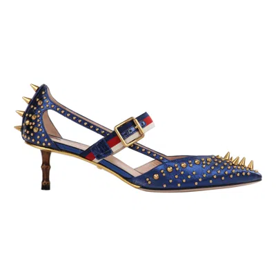 Pre-owned Gucci Resort 2017 “unia” Metallic Blue Leather Gold Spike Stud Kitten Heel Pumps