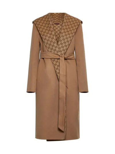 Gucci Reversble Coat Gg Double Wool In Brown