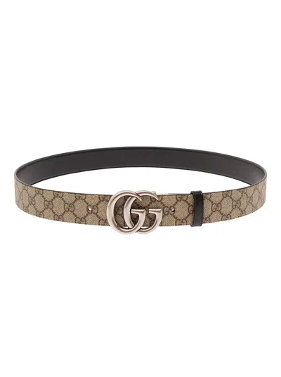 Gucci Reversible Belt With Double G Buckle In Gg Supreme Canvas And Leather Man In Multicolor