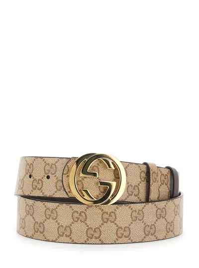 Gucci Reversible Belt With Gg Woven Buckle In Gg Canvas And Leather In Brown